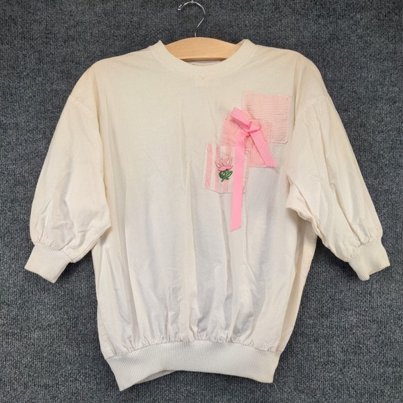 Eber Women's Pullover Sweater White Small 3/4 Sleeve Bow Patchwork - Picture 2 of 12